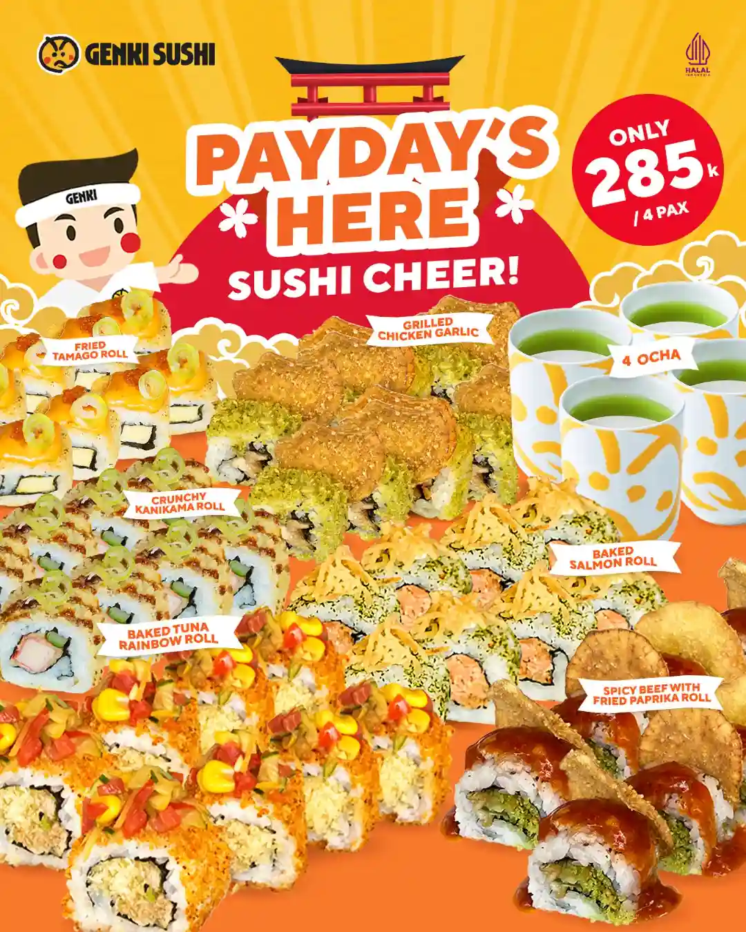 Promo Genki Sushi Payday 6 Supreme Sushi + 4 Ocha 285 Ribu