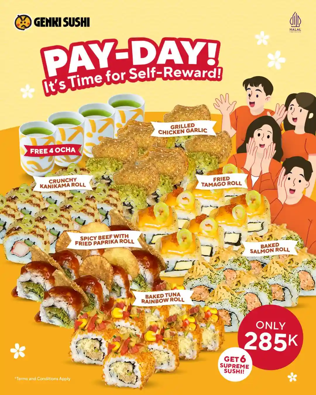 Promo Genki Sushi Payday 6 Supreme Sushi plus Free 4 Ocha 285 Ribu