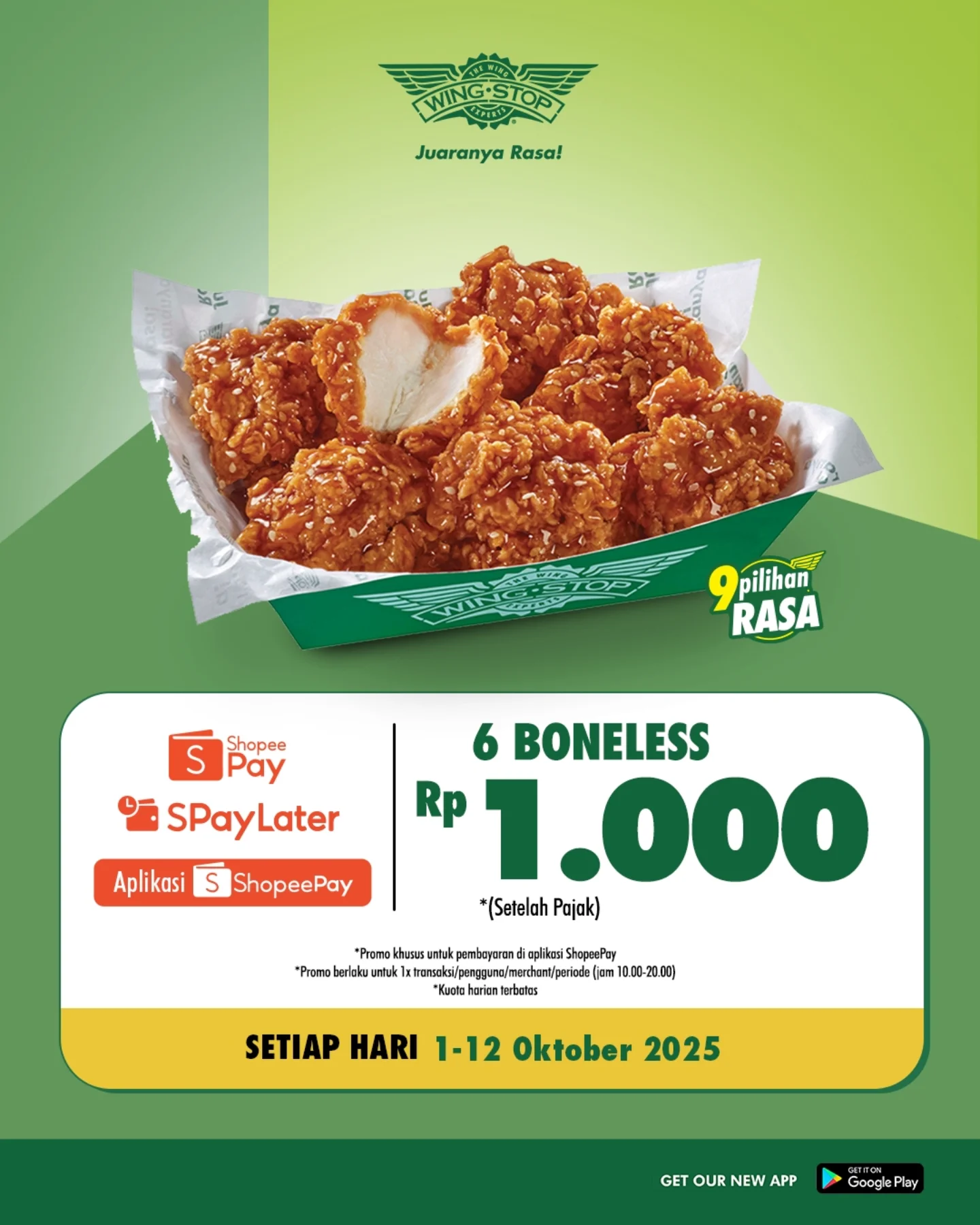 Promo Wingstop Beli 6 Boneless Hanya Rp1.000 Pakai ShopeePay