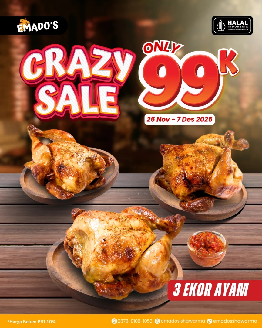 Promo Emados Shawarma Crazy Sale 3 Ekor Ayam Hanya 99 Ribu 1