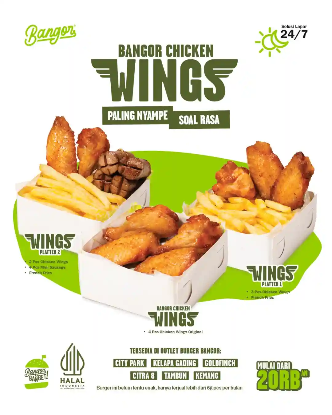 Promo Burger Bangor NEW! Chicken Wings Mulai Rp 20 Ribu 1 Menu terbaru Burger Bangor Chicken Wings dengan daging juicy dan harga mulai Rp 20 ribuan tersedia di outlet Burger Bangor