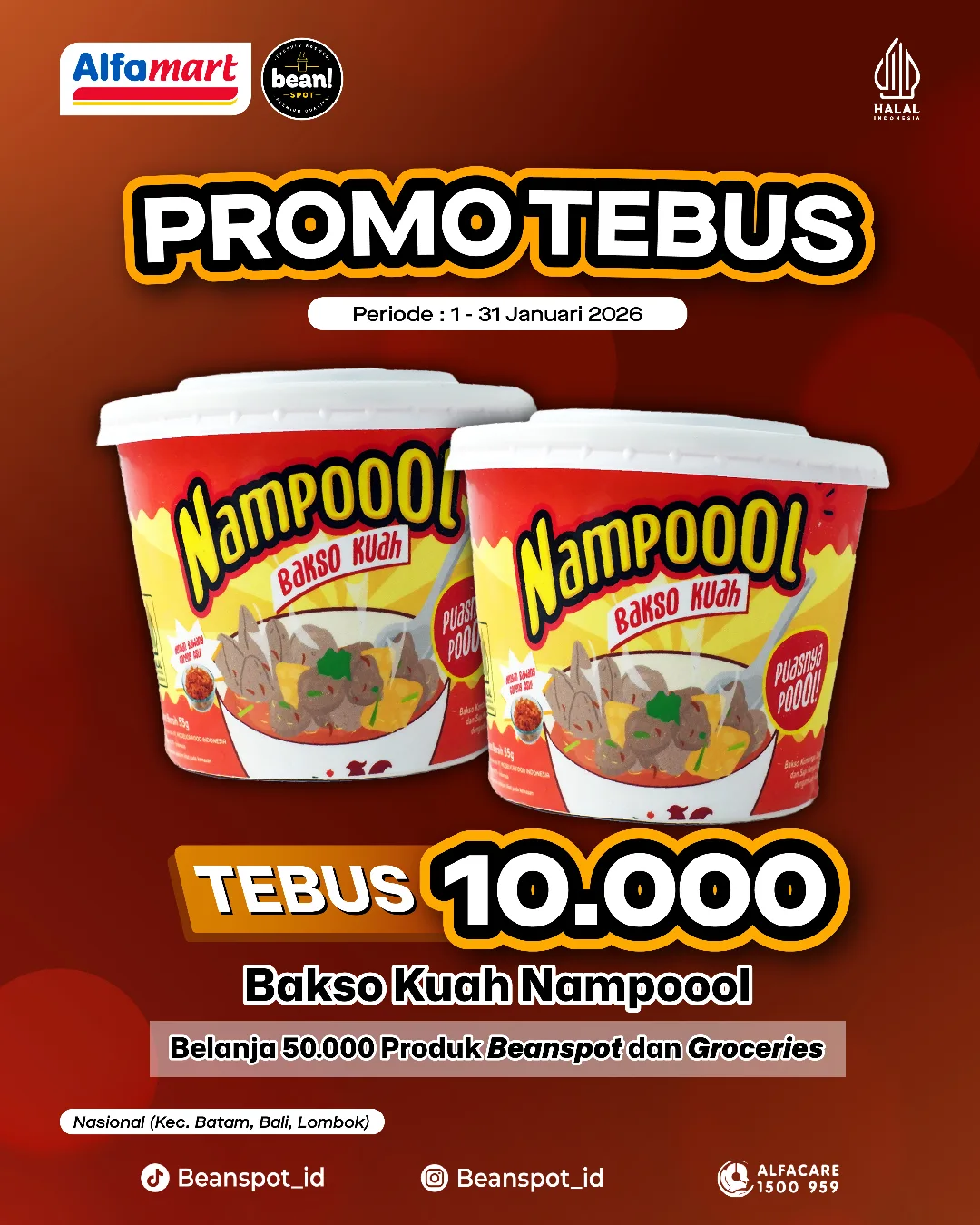 Promo Beanspot Alfamart Tebus Bakso Kuah Rp10.000, Berlaku Nasional hingga 31 Januari 2026 1 Promo Beanspot Alfamart Januari 2026 belanja minimal Rp50.000 bisa tebus Bakso Kuah hanya Rp10.000