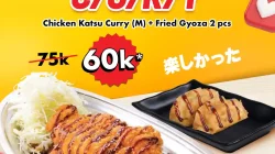 Promo GO! GO! CURRY Chicken Katsu Curry + 2 Gyoza Rp 60.000 7 Promo GO GO CURRY Chicken Katsu Curry ukuran M plus 2 gyoza seharga Rp 60.000 untuk pemilik nama berawalan C U R atau Y