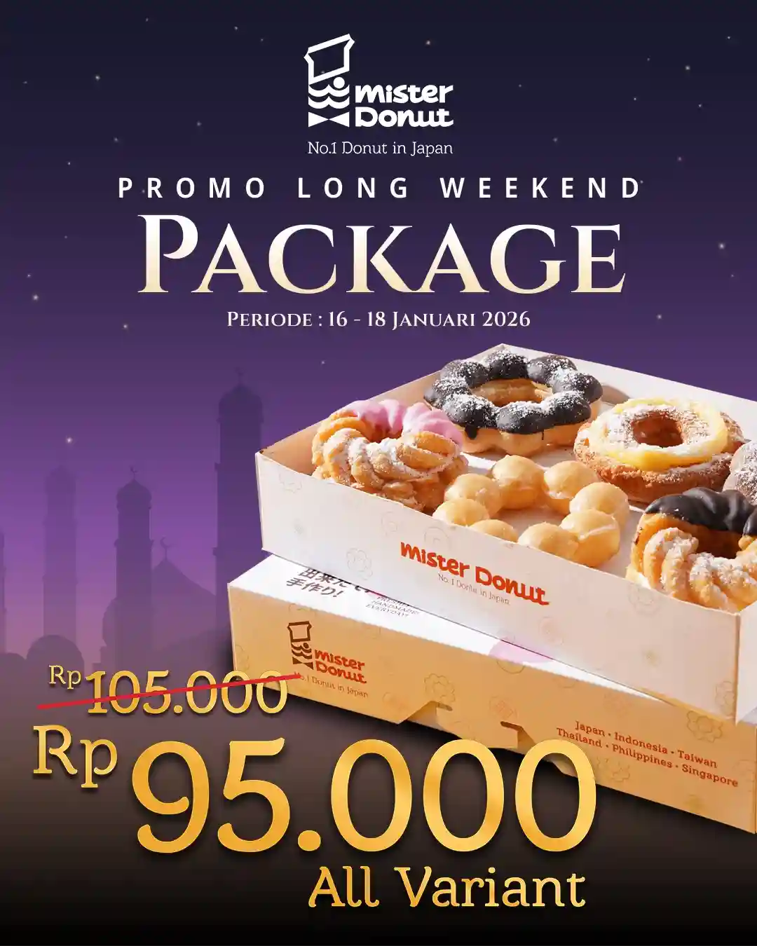 Promo Mister Donut Long Weekend, 1 Lusin Donat Rp95.000 1 Promo Mister Donut Long Weekend 1 lusin donat hanya Rp95.000 berlaku 16–18 Januari 2025 di seluruh outlet Mister Donut