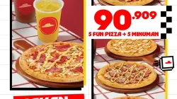 Promo PHD Extra Fun Box, 5 Fun Pizza + 5 Minuman Rp 90.909 4 Promo PHD Extra Fun Box berisi 5 Fun Pizza dengan pilihan topping dan 5 minuman hanya Rp 90.909 sebelum pajak