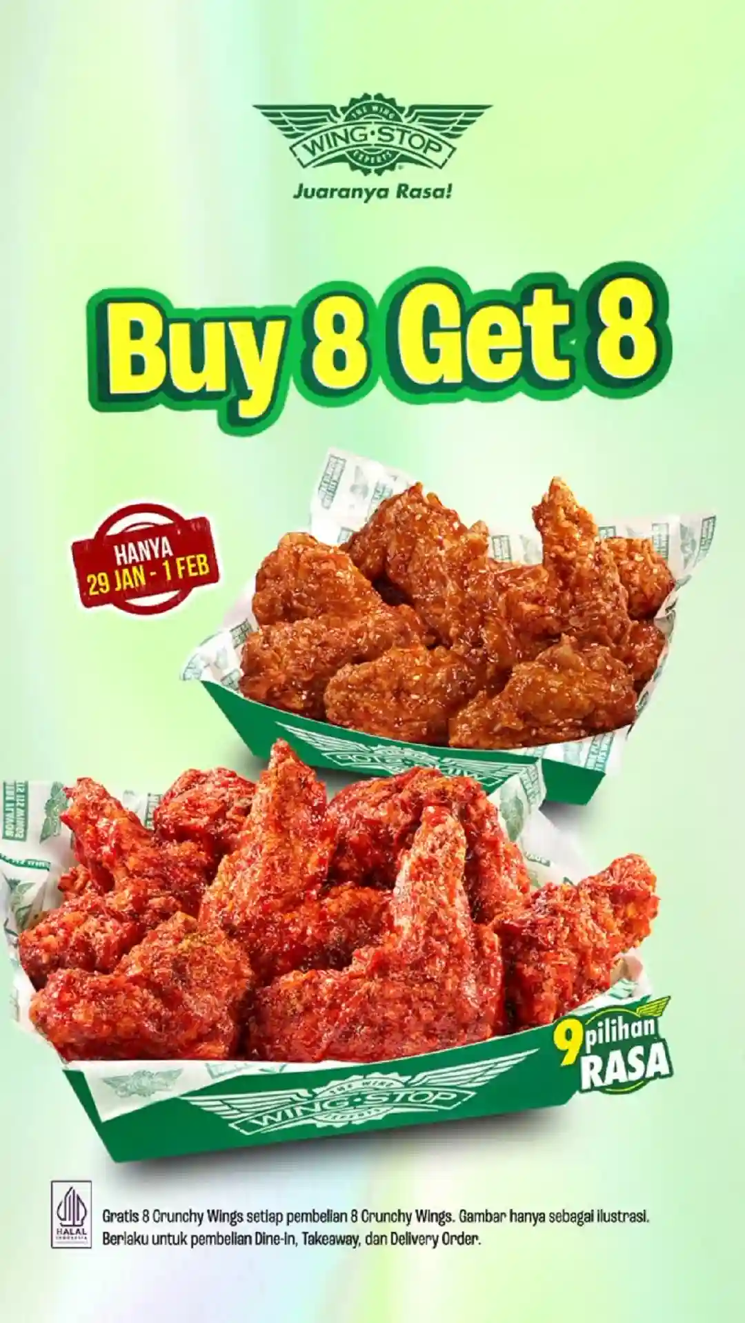 Promo Wingstop Buy 8 Get 8 Crunchy Wings, Total 16 Wings Mix 2 Rasa 1 Promo Wingstop Buy 8 Get 8 Crunchy Wings periode 29 Januari – 1 Februari 2026