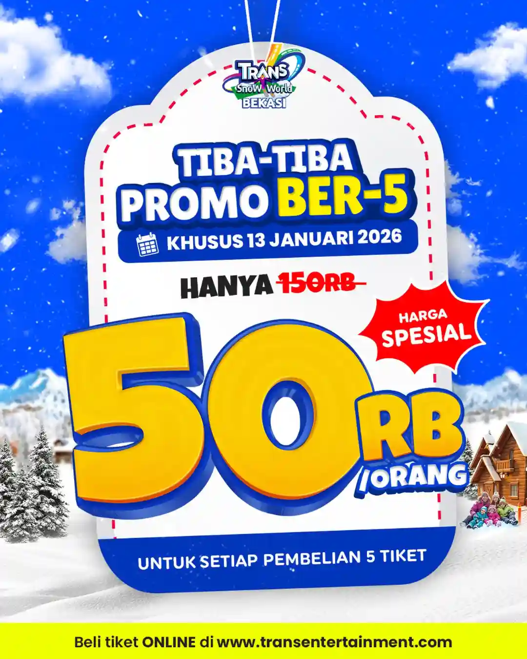 Trans Snow World Bekasi Tawarkan Tiba-tiba Promo Tiket Rp 50.000 1 Tiba tiba Promo Trans Snow World Bekasi menawarkan tiket masuk Rp 50.000 per orang dengan pembelian lima tiket