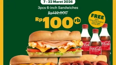 Promo Subway Bedug Deals, 3 Sandwich Rp100.000 Gratis Coca-Cola
